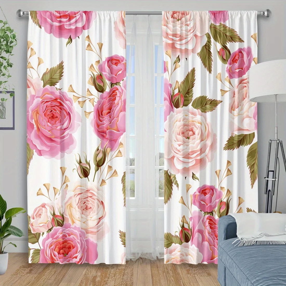 2 Panels White Pink Rose Curtains Watercolor Floral Bud Leaf Twig Print Drapes Fresh Gentle Girls Bedroom Window Decor