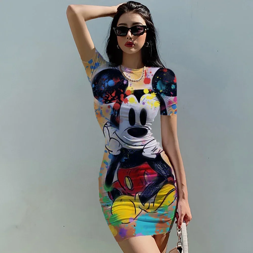 

Disney Minnie O neck Short Sleeve Slim Package Hips Mini Short Dress 2024 Summer Autumn Women Sexy Bodycon Party Dress Vestidos