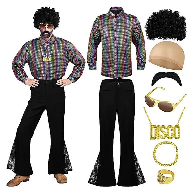 

Retro 70S Disco Bright Sequin Flared Pants irt Set plus Size Fat People Casual Cotton Blend Men's Faion