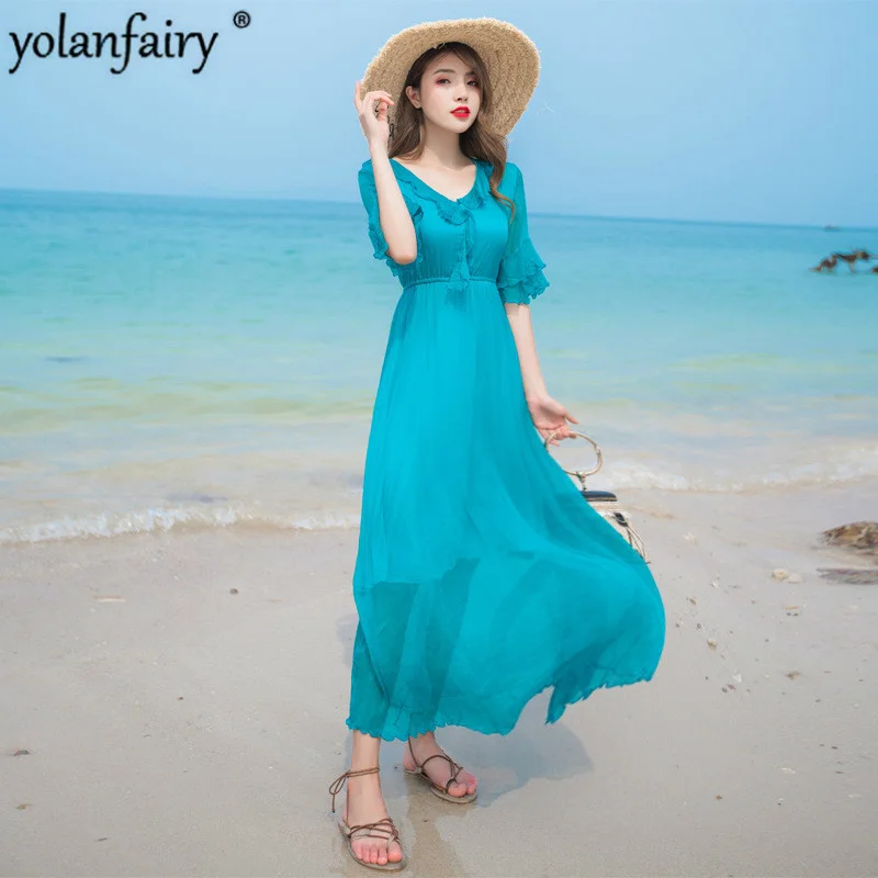 

Summer 2023 New Silk Dress Women Beach Long Dress Elegant Blue Maxi Party Dresses for Women Korean Vestidos Mujer 98005