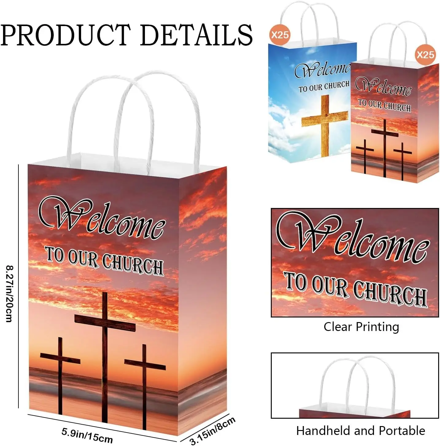 10 Pack Church Welcome Bags 5.91 x 3.15 x 8.27-Inches Religious Welcome Bags with Handles for Church Guest Church Theme Party