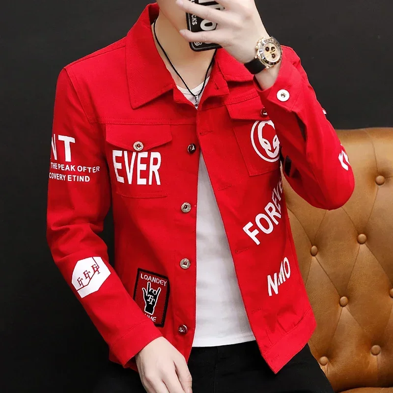 spring autumn New Men's Casual Cotton Denim Jacket Classic Style Fashion Slim Washed Retro Letter printing Jean Casual Coats