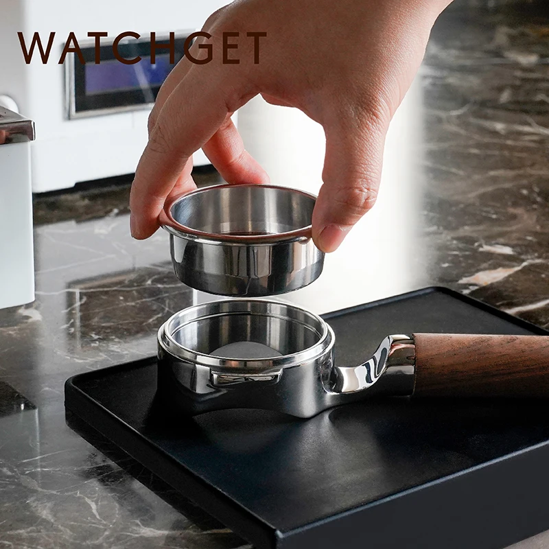 Watchbetless Portafilter Bottomless ، spits Portafilter ، رأس مجموعة E61 ، قاعدة مسطحة ، 2 أذن صلب مقاوم للصدأ خلفي ومقبض جوز ، 58: 50