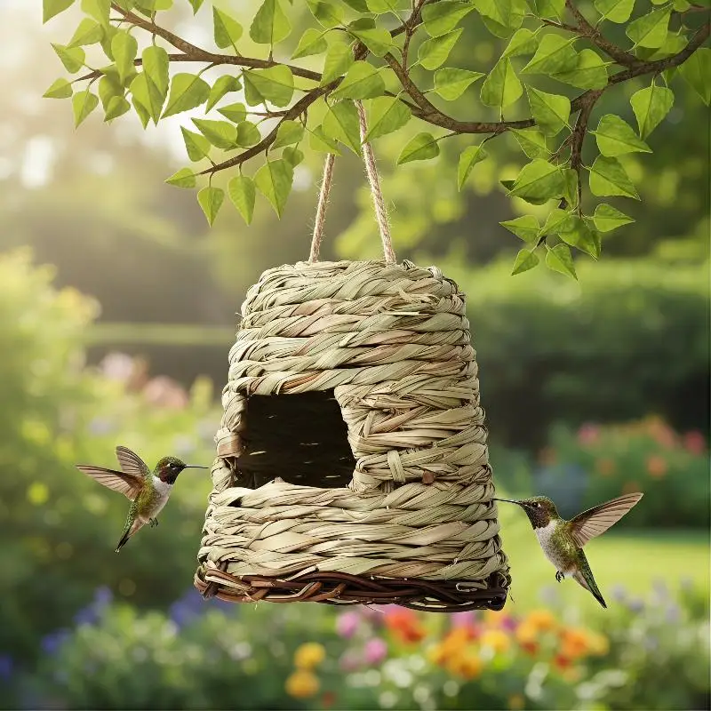 Outdoor Hanging Bird House Handmade Natural Grass Nest Hummingbird Cage Shelter for Garden Balcony Bedroom Patio Display
