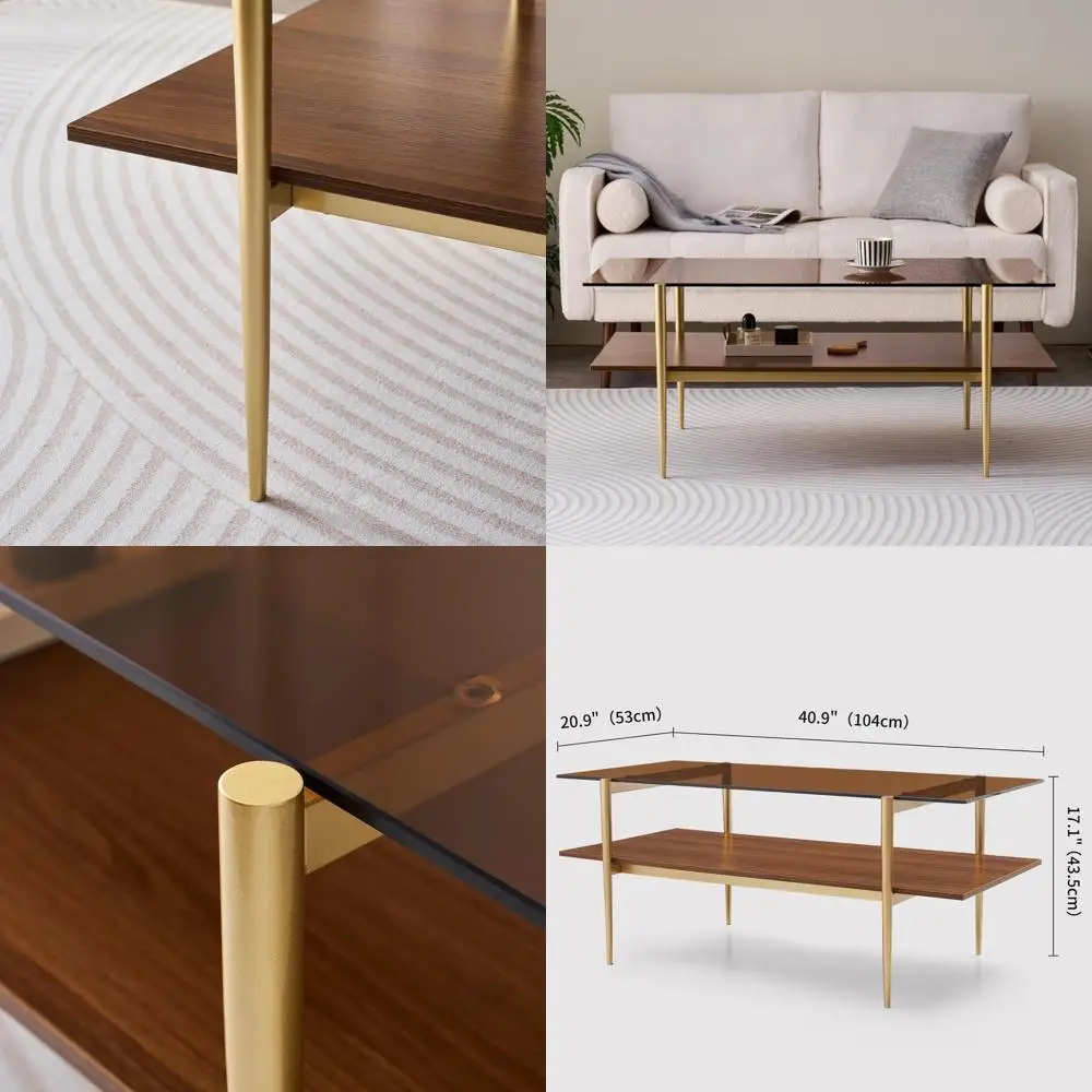 

Журнальный столик в стиле Mid-Century Modern, для гостиной, с 2-уровневой столешницей из янтарного стекла, полками из орехового дерева, золотистыми металлическими ножками