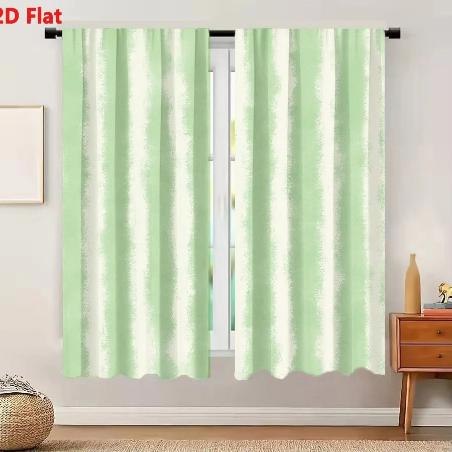 2Pcs Curtains 2D Flat Vertical Striped Pattern Pale Mint Green And Off White Brushstroke Effect Soft Watercolor Hand Painted Tex