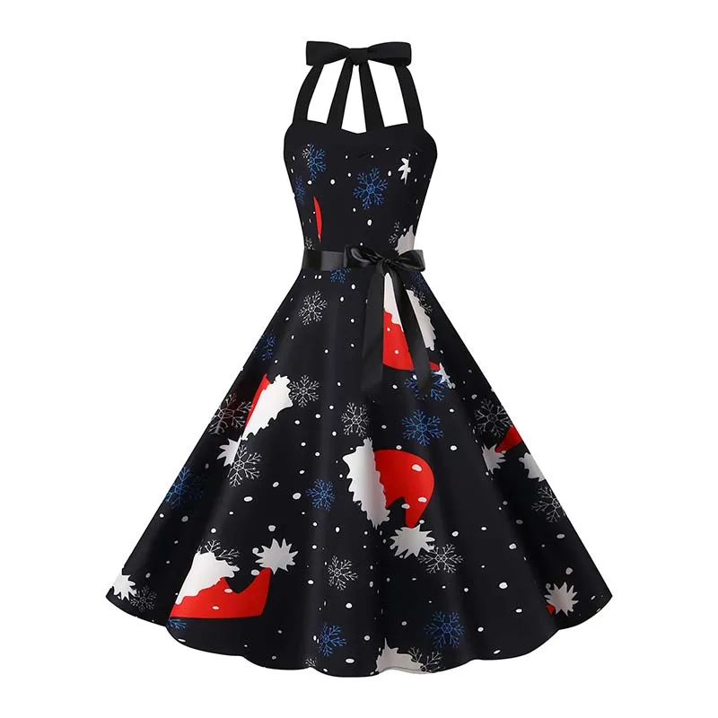 Christmas Dress Women Sexy Halter Vintage Snowflake Print Retro Swing Xmas Party Sundress Holiday New Year