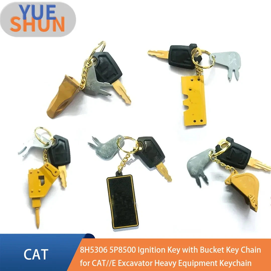 8H5306 5P8500 Ignition Key for CAT Excavators with Bucket Key Chain Heavy Equipment Keychain F0002