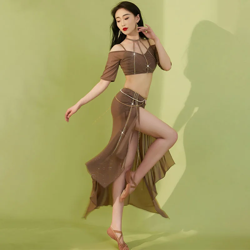 Belly Dance Training Clothes for Women Short Sleeves Top+long Skirt 2pcs Oriental Professional Clothes Girl's Bellydance Outfit