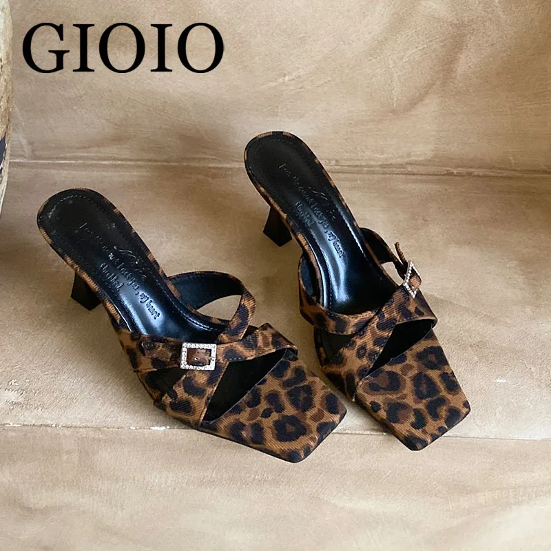 

Туфли-лодочки на тонком каблуке GIOIO, новые летние модные женские шлепанцы с квадратным носком, женские сандалии в стиле 90-х с леопардовым принтом, повседневная женская обувь