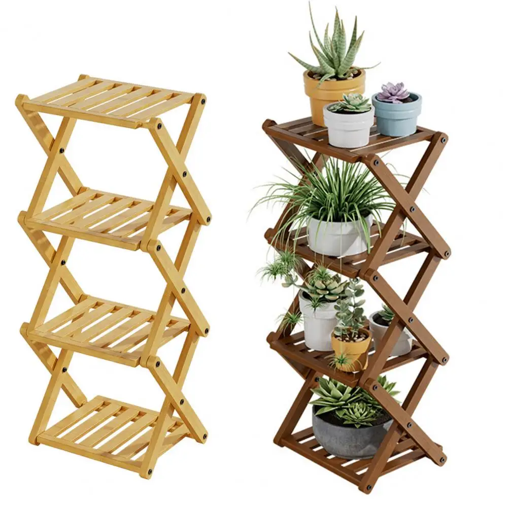 Folding Flower Stand Bamboo 4-tier Plant Stand Shoe Display Shelf with X-shaped Structure for Entryway Room for Plants