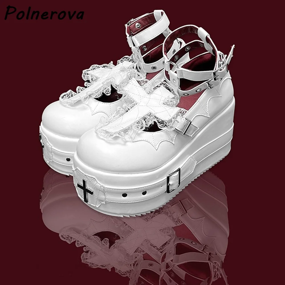 Cross Platform Mary Janes Pumps Gothic Black/white Lace Buckle Ankle Strap Wedge Shoes Shallow Lolita Punk Alternative Shoes