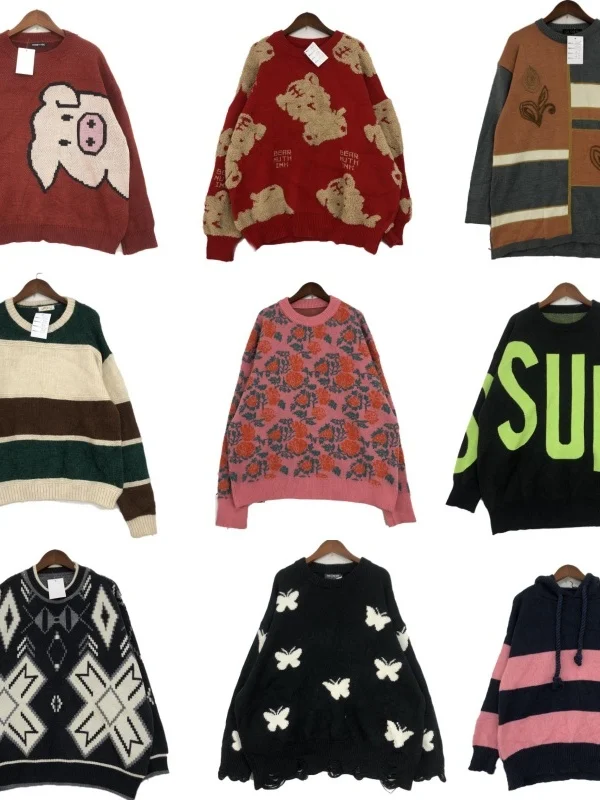 

Vintage ex Woolen Sweater Street Sle Patchwork Print round Ne Long Sve Warmth Winter Knitwear Cartoon Embroidery