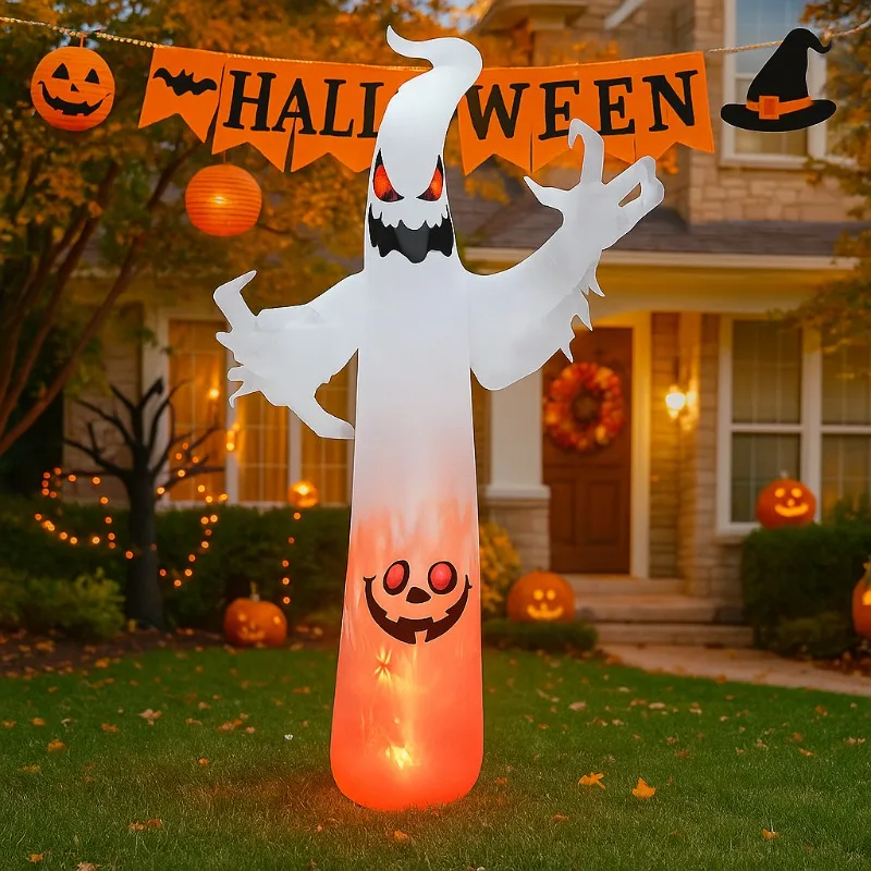 8FT Holiday Lighting Halloween Inflatable Toys Flame White Ghost Solar Term Decoration LED Light Up Lawn Outside Blow Up Model