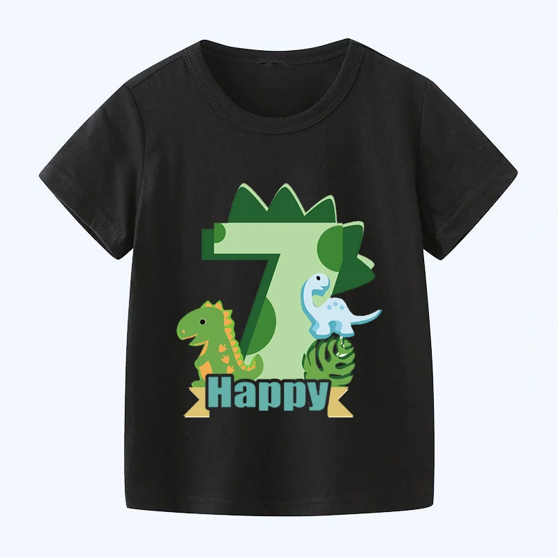 New Dinosaur Print Girls Clothes 1 2 3 4 5 6 7 8 9 Years Happy Birthday Number Bow Kids Short Sleeve T Shirt Baby T-Shirts