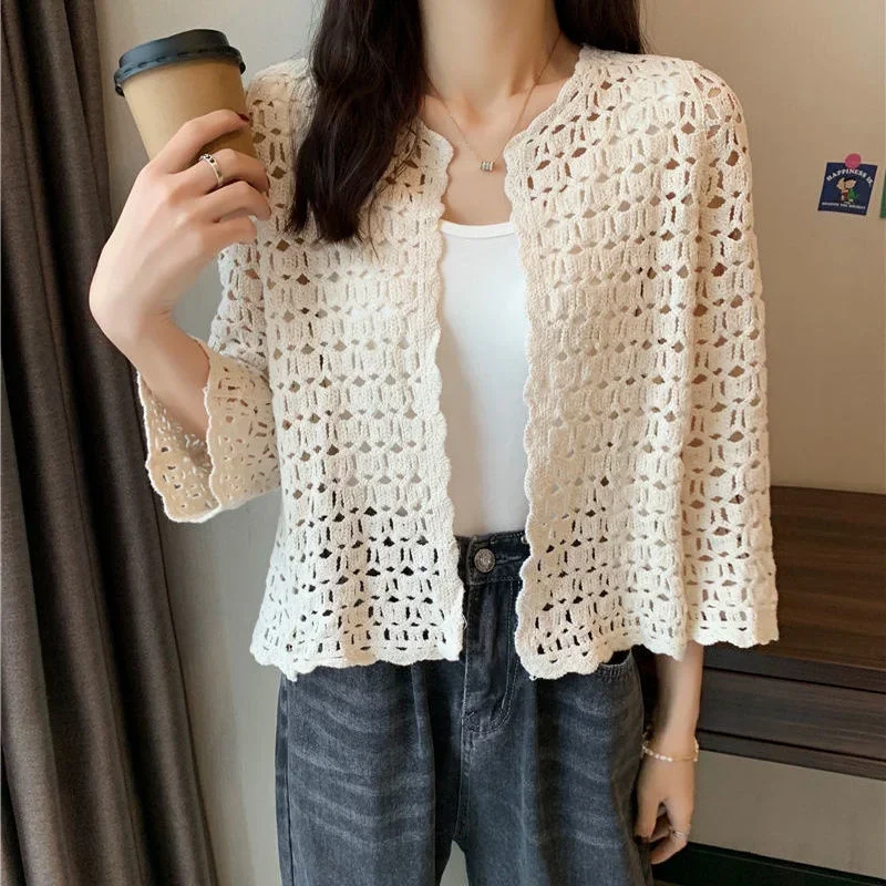 Short Shawl Thin Coat Women\'s Knitted Cardigan Summer Blouse Short Vintage Clothes for Women Tops Shirts Blouses