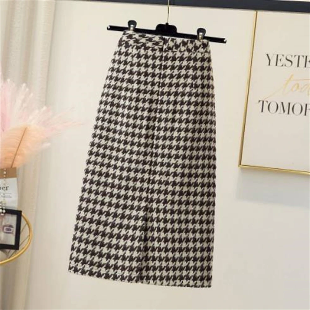 Autumn Split Midi Skirt Pencil Skirt Office Lady Elegant Slim Thick Slim Women's Houndstooth Plaid High Waist Long Skirts A-Line