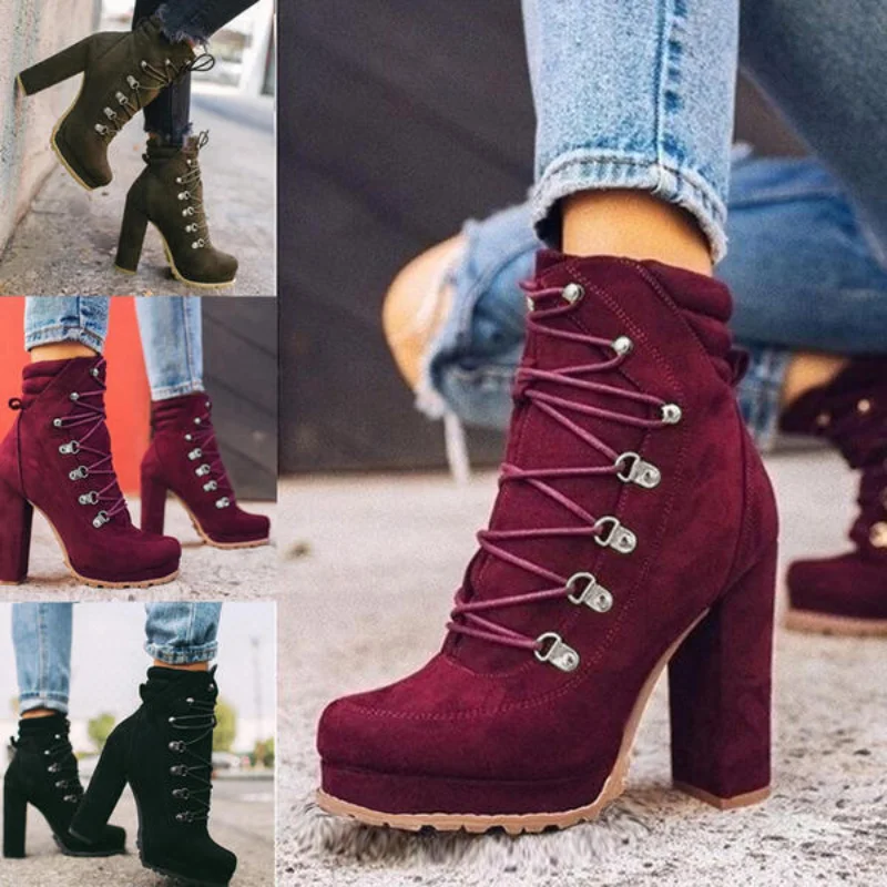 Platform High Heels Boots Women Ankle Boots Suede Woman Shoes Woman High Heels Sexy Motorcycle Boots Lace Up Punk Botas Mujer