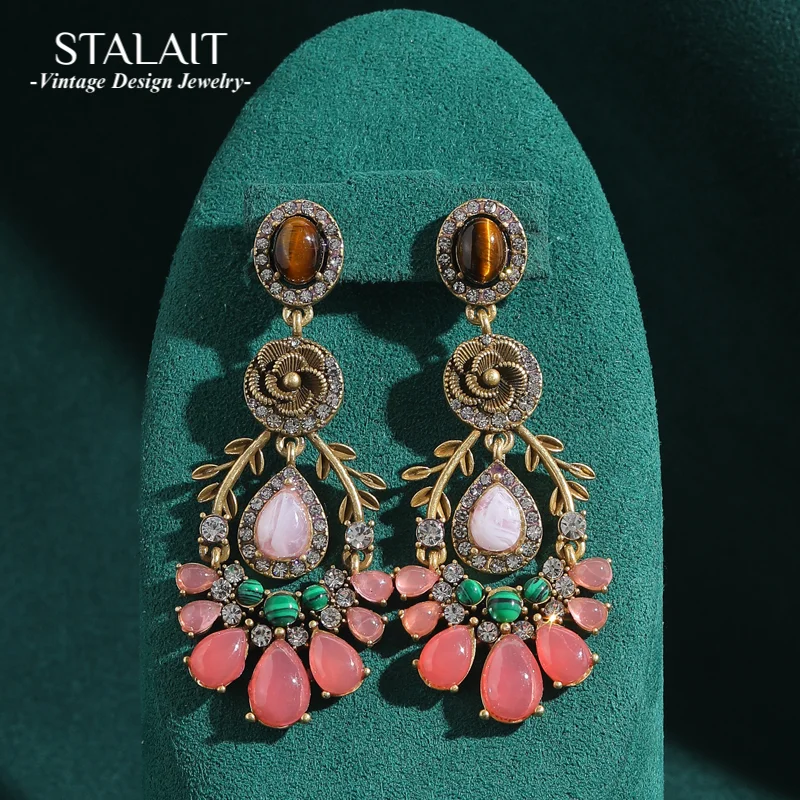 

Luxury Designer Big Bohemian Flower Elegant Pink Drop Dangle Earrings Nature Stone Vintage Jewelry Gold Color Woman 2025 Trend