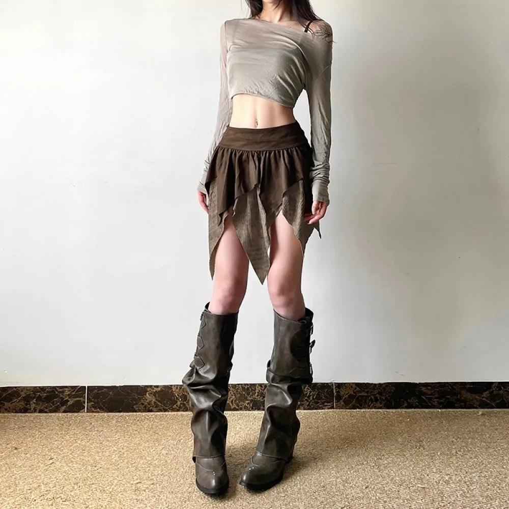 SylCue مثير موضة التنانير الصغيرة امرأة مرونة الخصر غير النظامية المرقعة هيم الساخن الفتيات شارع العليا نمط قيعان الموضة الأنيقة #5