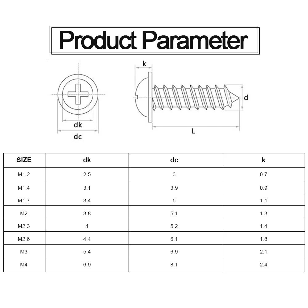 JUIDINTO 30-100pcs Phillips Pan Head Self-Tapping Screw with Washer M1.2-M5 Nickel Plated Cross Wood Screw for Sheet Metal