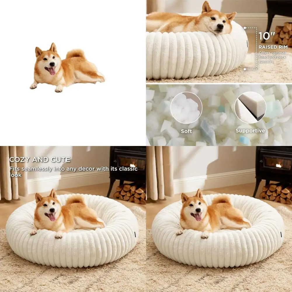 

Кремовая круглая моющаяся кровать для собак из искусственного меха с вельветовым флисом и противоскользящим основанием, 36x36x8