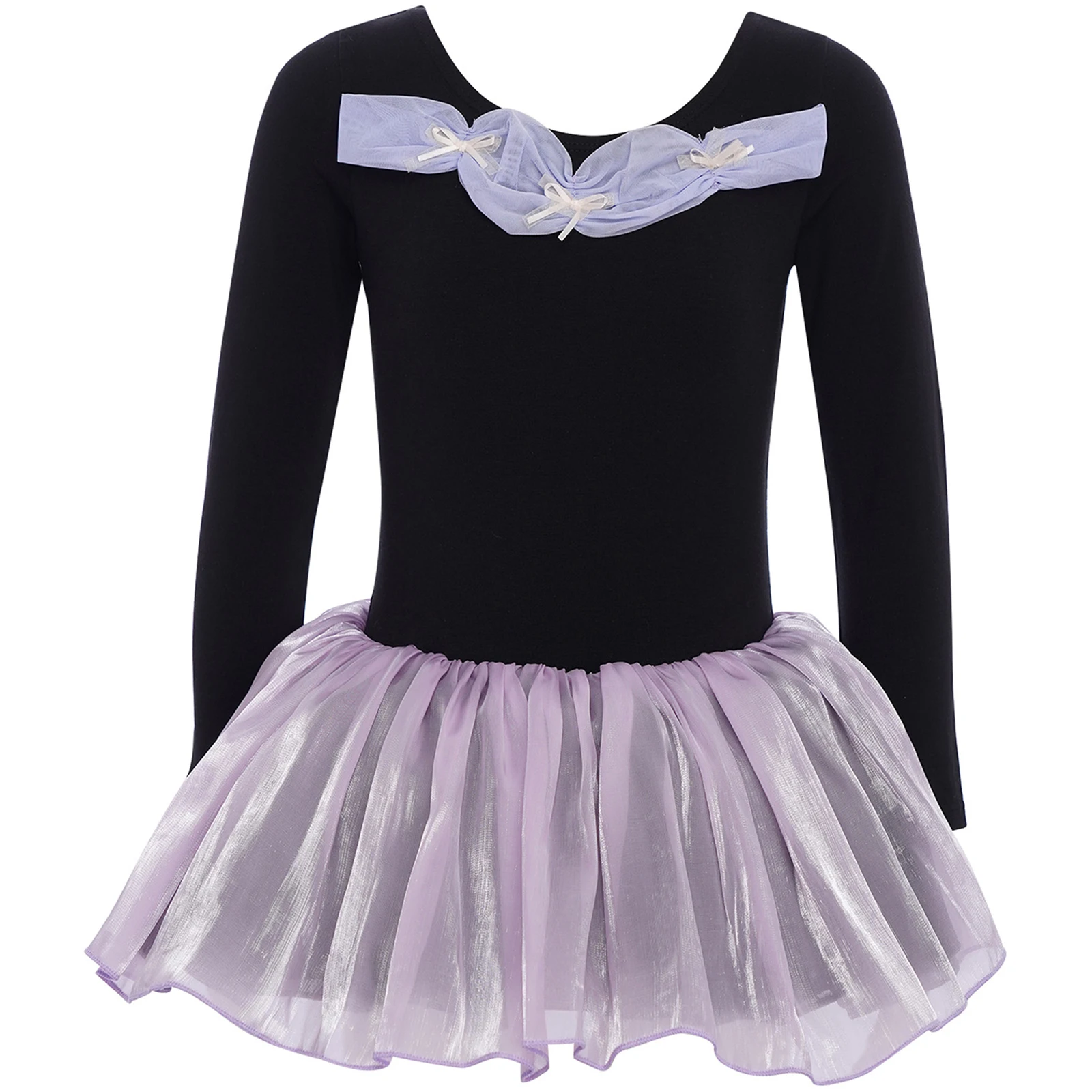 발레 드레스 체조 레오타드 어린이용 소녀용 리본 장식 주름 긴 소매 튤 튜튜 레오타드 드레스 공연 대회용