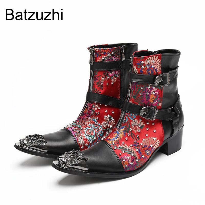 

Batzuzhi Rock Punk Men's Ankle Boots Pointed Iron Toe Red Black Rivets Leather Short Boots for Man with 6.5cm Heels Buckles!