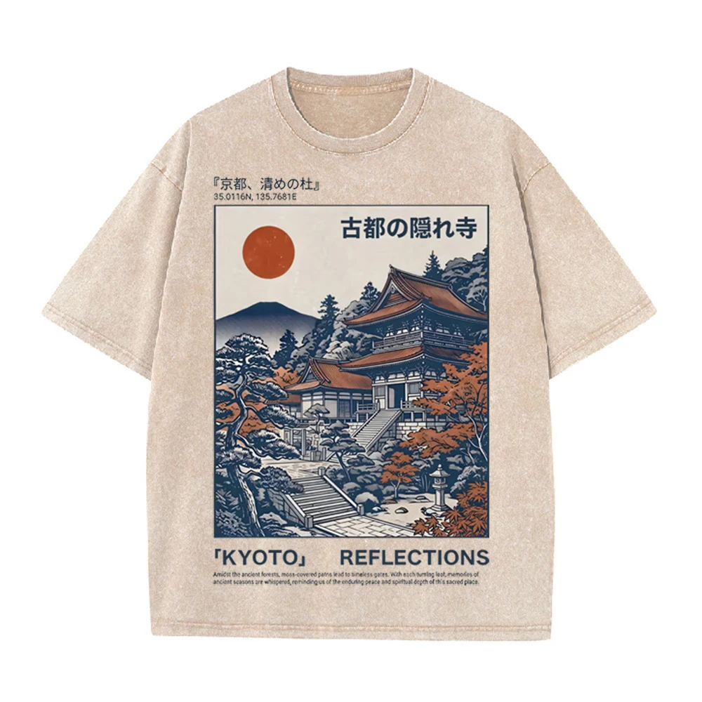 2026 Vintage Washed Beige Kyoto Ancient Temple Landscape Graphic T Shirt Japanese Ukiyo-e Scenery Print Oversized Casual Short S