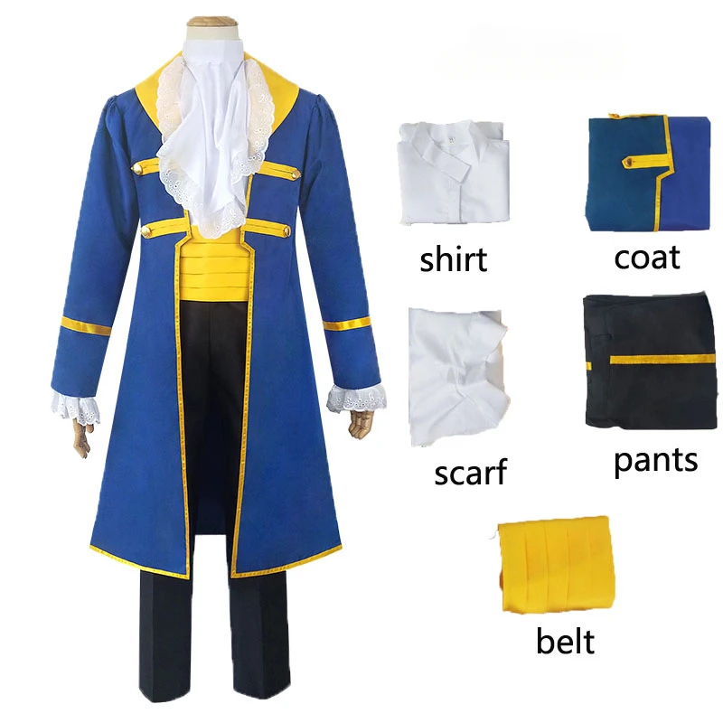 

Anime Beauty with Beast Prince Cosplay Costume Blue Coat Shirt Pants Accessories Full Set Beast Role Play Suit Halloween Party