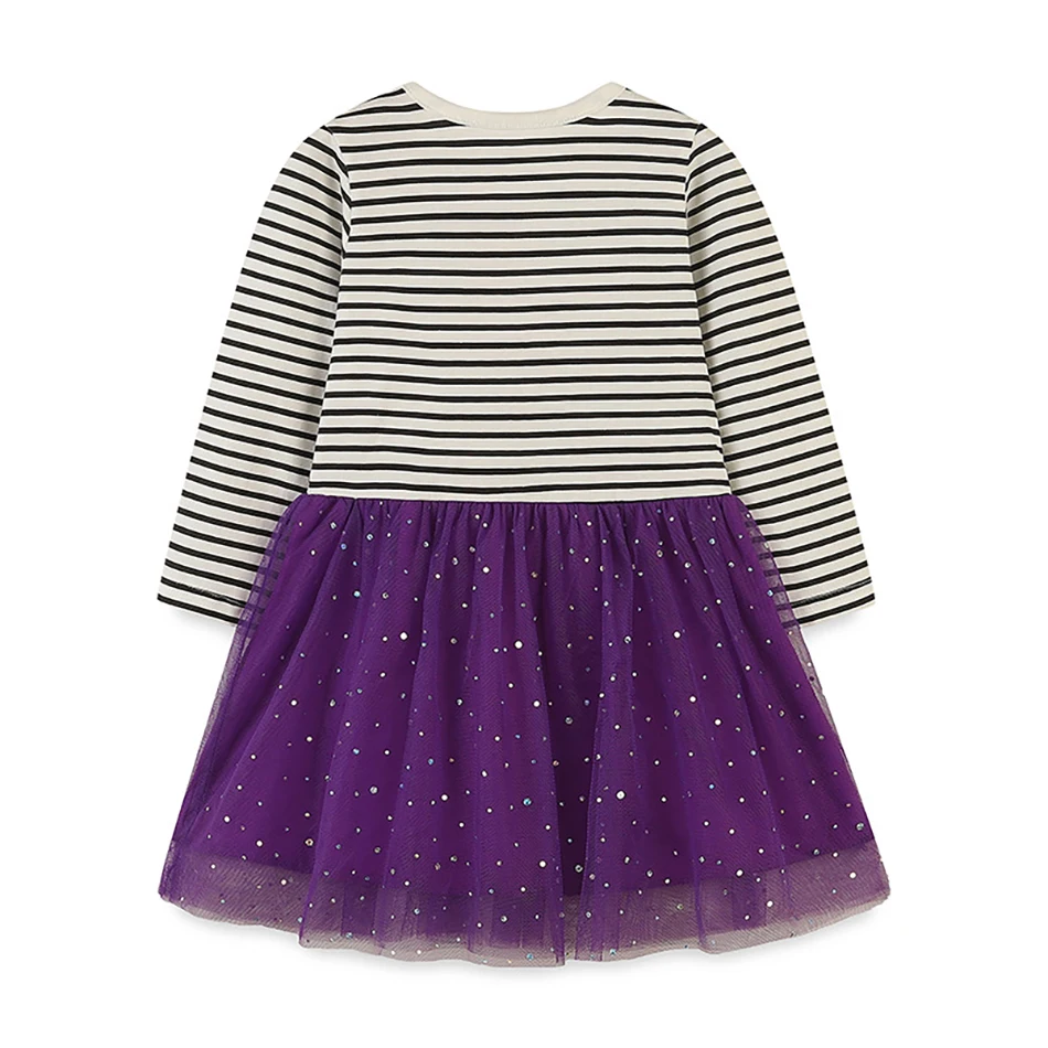 Stylish and Comfortable Girls Autumn Long Sleeves Dress Embroidered Stripes and Tulle Skirt Halloween Party Girls Casual Dresses