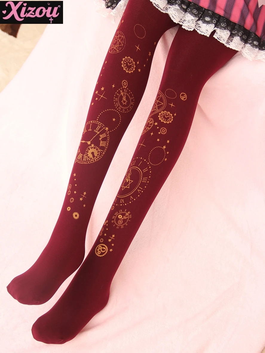 Original Lolita Socks Japanese Print Bronzing Tights Soft Girl Clock Travel Lolita Long Tube Slim Legs Velvet Pantyhose Women