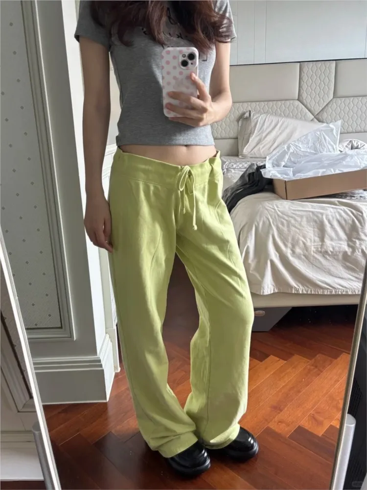 Mustard Green Sweatpant Women Summer New Drawstring Low Waist Cotton Sport Straight Trousers Vintage Streetwear Baggy Pant Y2K