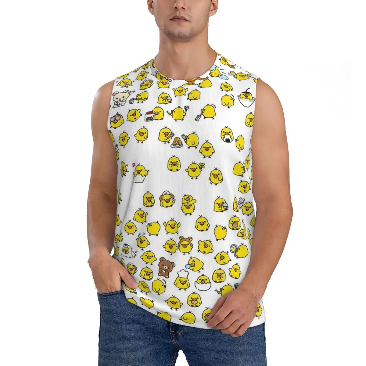 Cute Kiiroitori Pattern Rilakkuma Men Sleeveless Tank Tops Quick Dry Breathable Gym Fitness Running Summer Casual Sport Vest