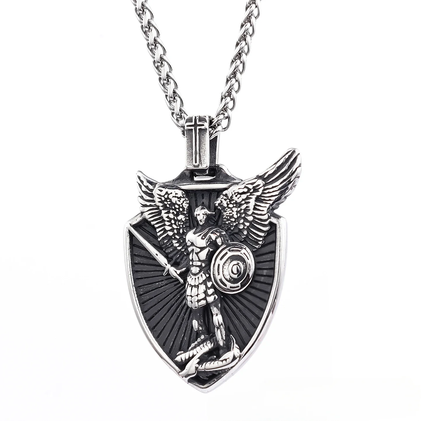 European and American Portrait Pendant, Fashionable Retro Saint Michael Archangel Wing Shield Pendant Necklace