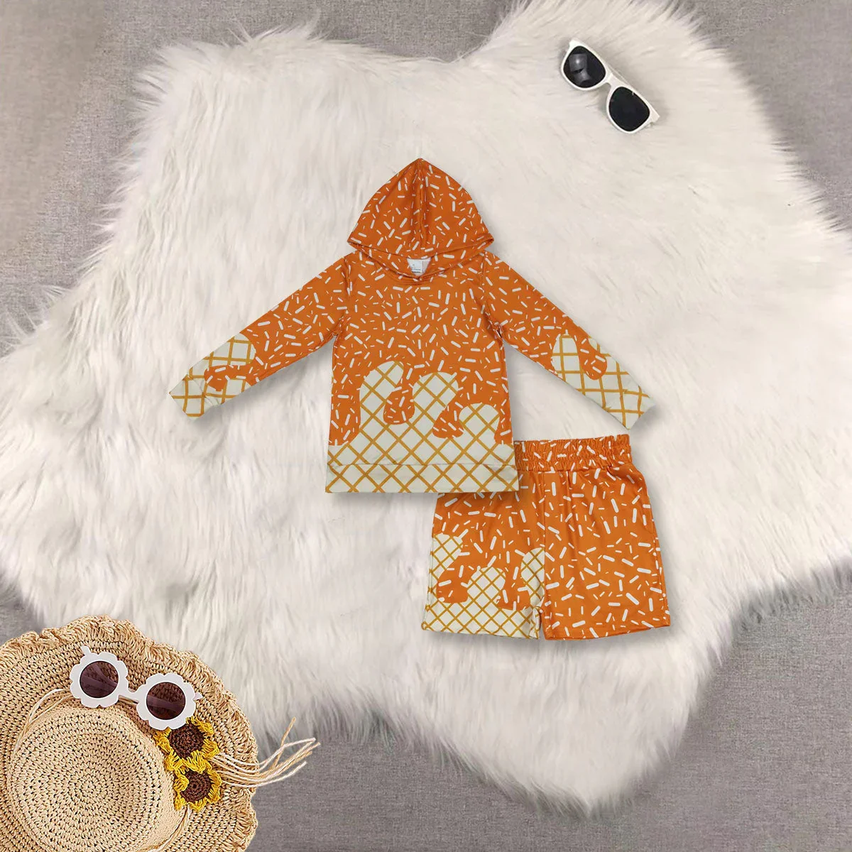 9.13 Kids Clothes Boys Baby Boys Orange Drip Sprinkles Long Sleeves Hoodie Shorts Team Clothes Sets