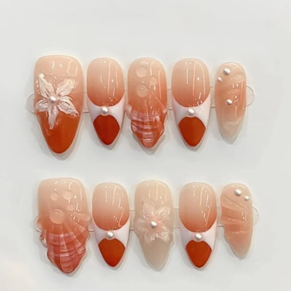 10 pezzi rosa sfumato di media lunghezza mandorla unghie finte fiore estivo strass design unghie fatte a mano punta riutilizzabile stampa sulle unghie finte