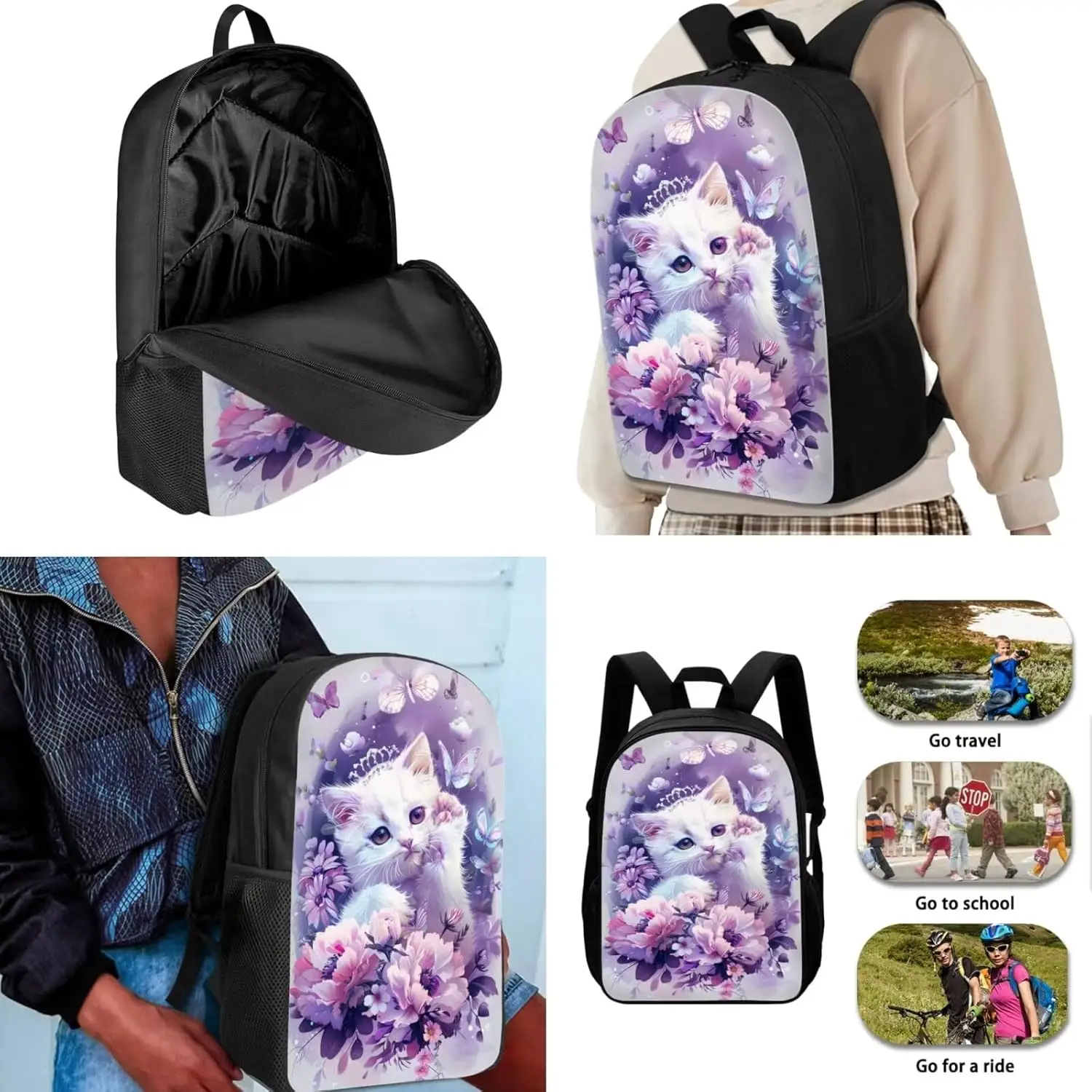 Cat School Bookbag for Girls 3PCS Lightweight Kids Book Bag with Lunch Box Cute Pencil Case Large Girls Backpack 17inch