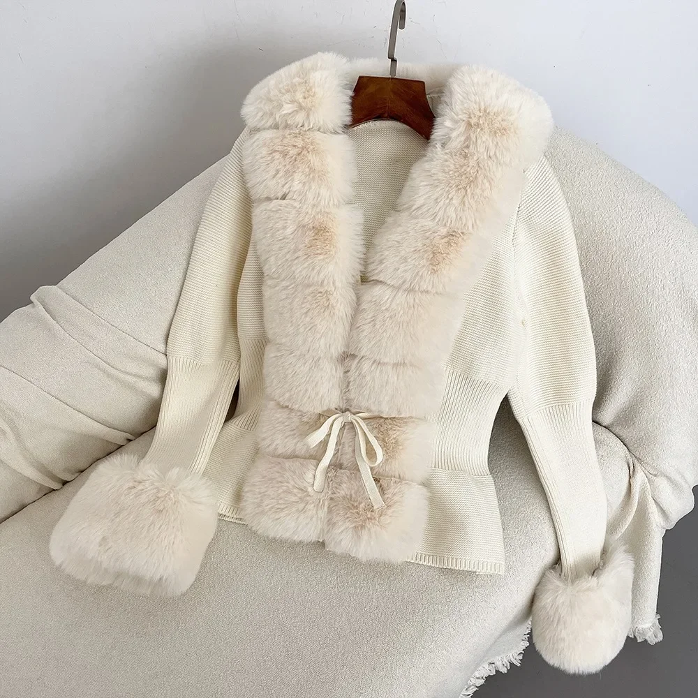 2024 Luxury Fur Cardigan Knit Winter Sweater Women Elegant Detachable Fur Belt White Pink Black Womens Cardigan Korea Style