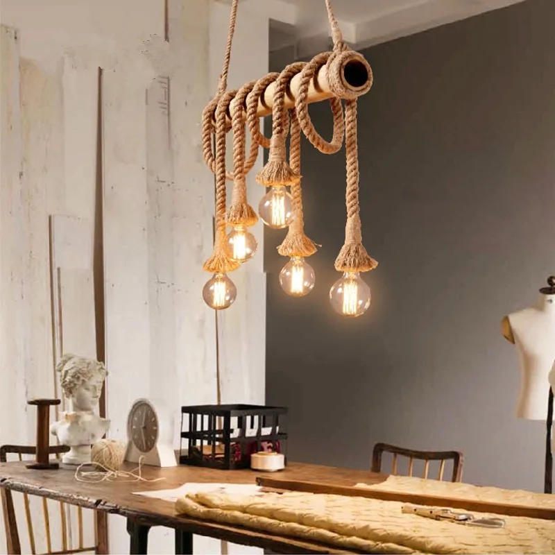 Japanese Retro Pendnat Lights Simple Creative Hemp Rope Chandelier Restaurant Bar Cafe Homestay Art Decoration LED Lamp Fixtures