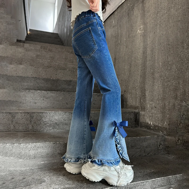 جديد أطفال تصميم الأطفال مايكرو مضيئة الجينز لفتاة المألوف الشارع الشهير سليم صالح Bootcut التدرج الدنيم السراويل مع القوس 4-14 Y #4