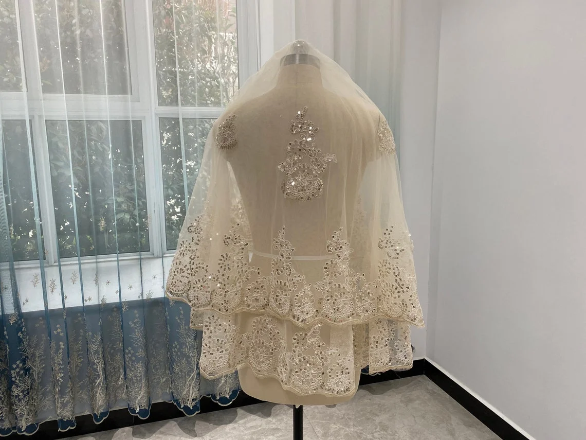 

2-layer wedding veil champagne, short veil, long wedding veil up to elbow, white/ivory veil, lace wedding veil with sequins