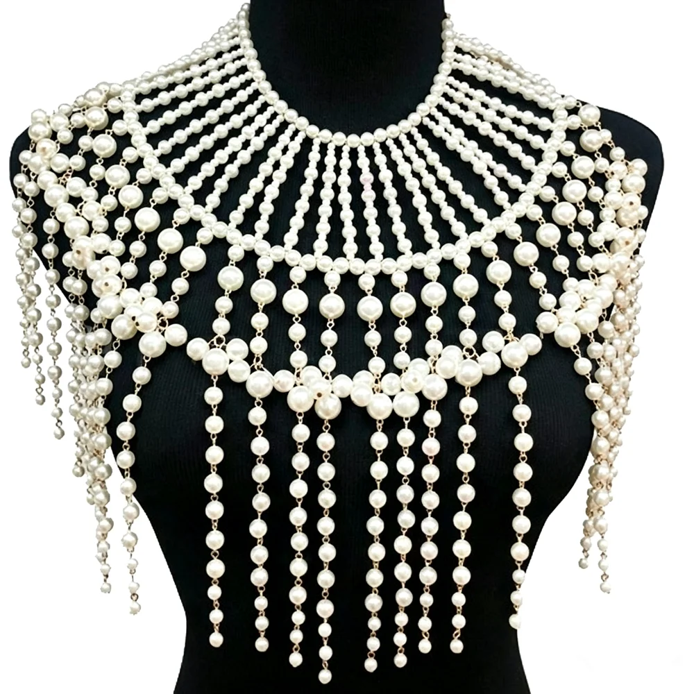 Handmade Multi-Layer Beaded Bridal Shawl with Imitation Pearl Tassel Party Festival Gift Street Style Shoulder Chain