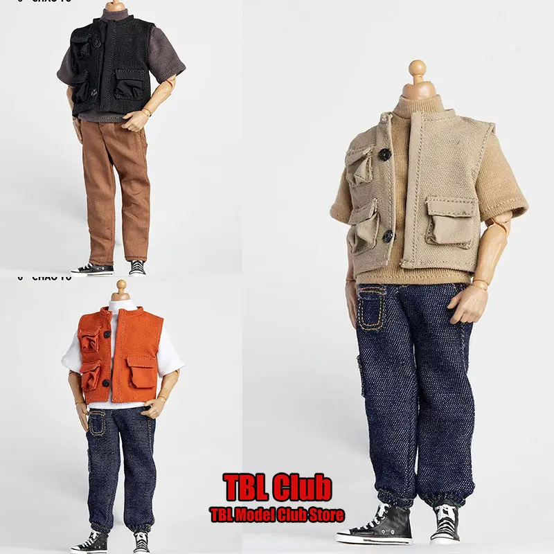 

3 Colors 1/12 Scale Workwear Multi Pocket Solid Color Vest Elastic Jeans High Necked Pullover For 6inch Male Action Figure