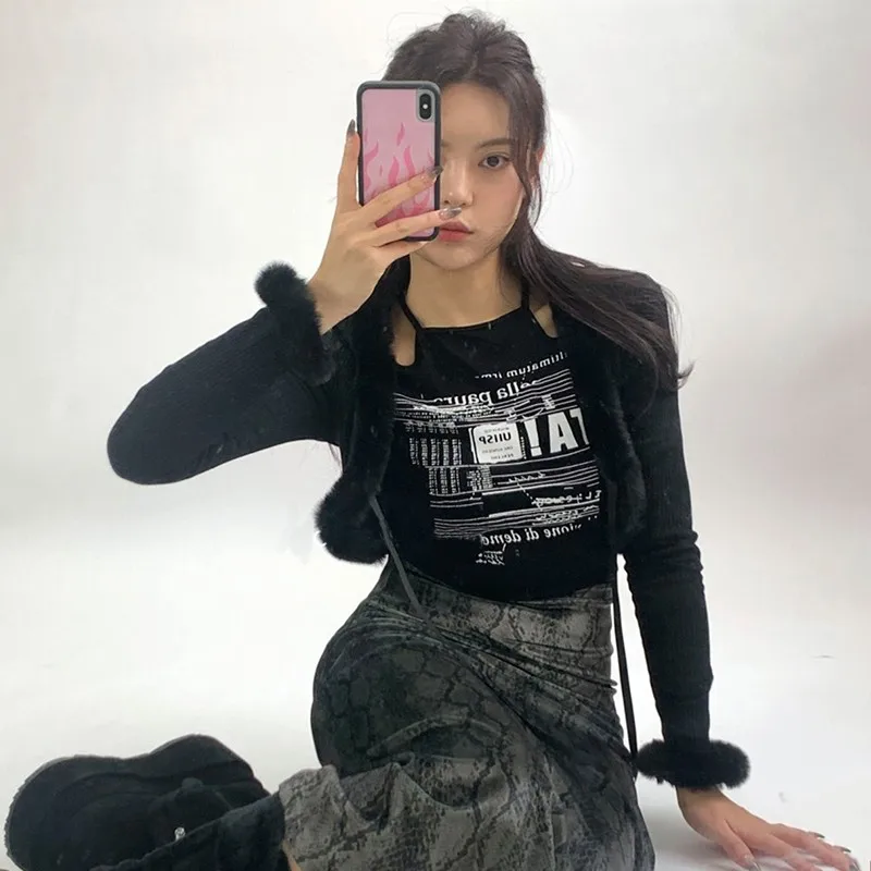 Karrcat Korean Fashion Hollow Out Crop Tops Grunge Letter Printed Long Sleeve T-shirts Vintage Streetwear Sexy Slim Tee Shirts