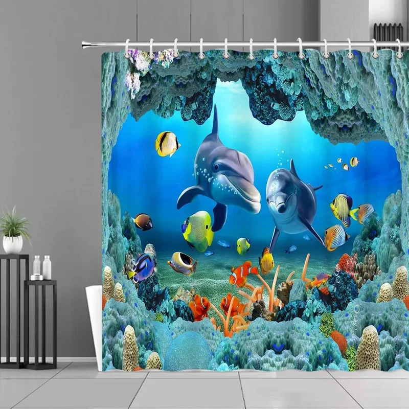 Ocean Underwater World Shower Curtain Colourful Tropical Fish Turtle Deep Sea Coral Fabric Washable Bath Curtains Bathroom Decor