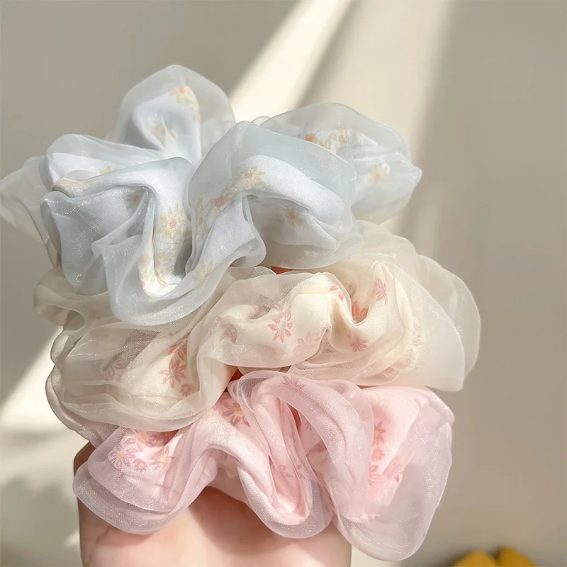 Dupla camada de seda Organza Scrunchies para meninas, doce flor cabelo banda, rabo de cavalo, bandas de borracha, laços, acessórios de cabelo