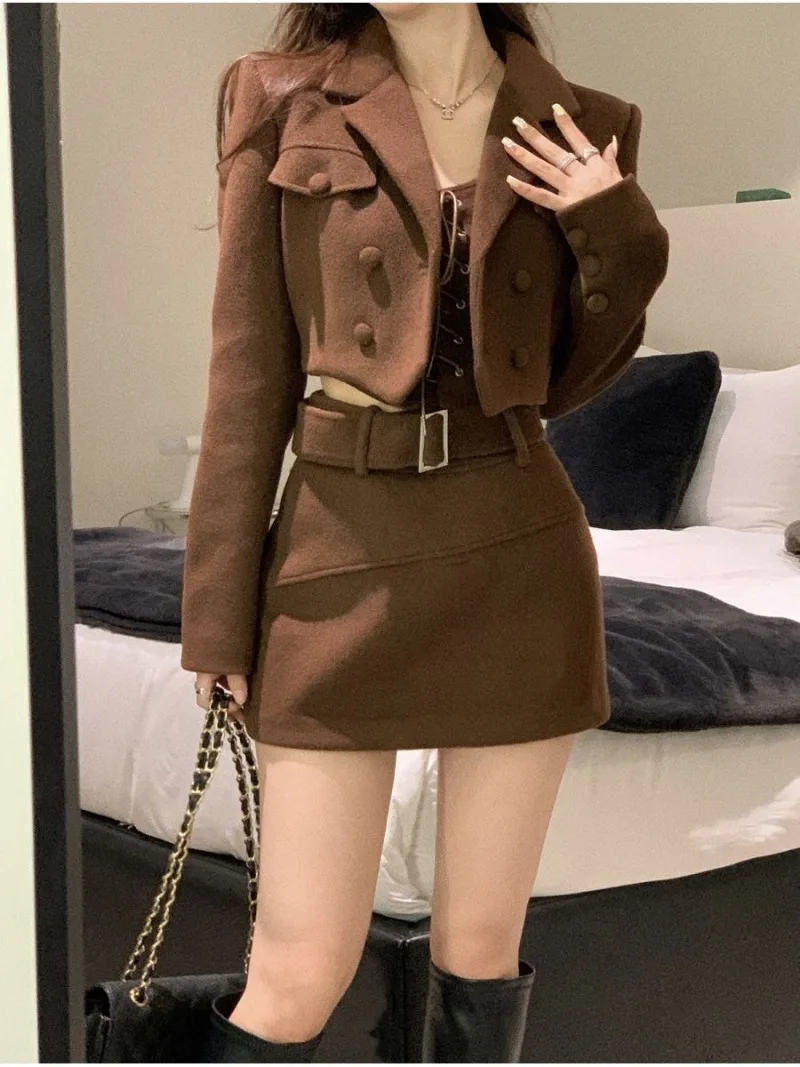 

Sweet Winter Warm Short Coat + Slim Sexy Vest + Bodycon Y2k Mini Skirt Korean Fashion 3 Piece Set Elegant Clothing Woman Chic