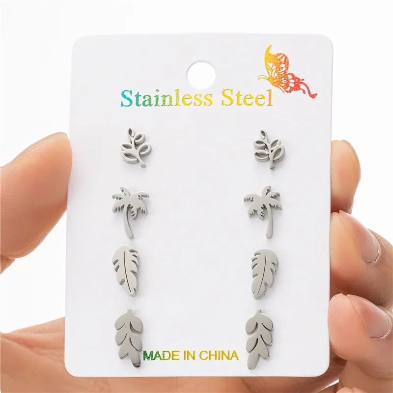 4Pairs Bohemia Coconut Palm Earings Hawaii Jewelry Stainless Steel Leaves Stud Earrings Women Vintage Feather Studs Wholesale