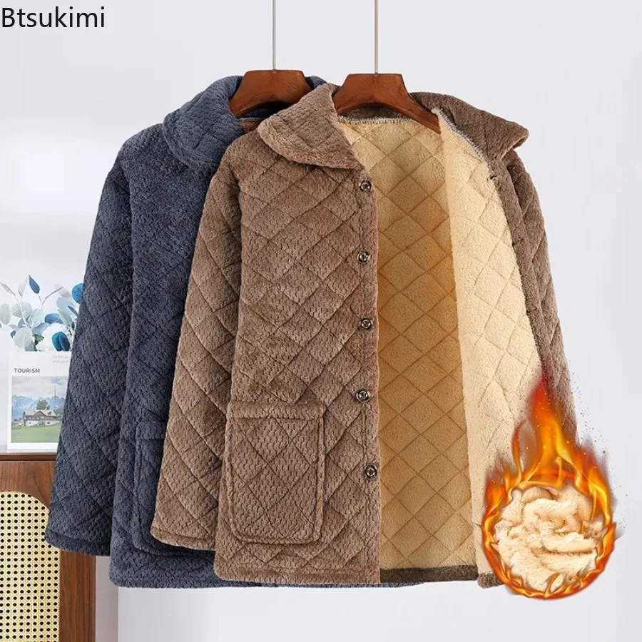 Men's Winter Thick Pajama Set Solid Color Cozy Fleece Warm Homewear Cotton Padded Two Pieces Loungewear Sleepwear Suit for Men